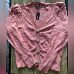 Express Pink Sweater with rhinestone buttons and puff sleeves